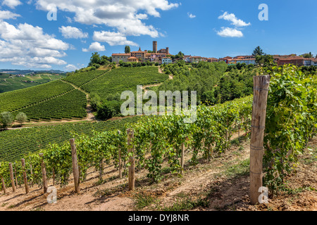 Vignobles et petite ville, sur la colline, dans le Piémont, au nord de l'Italie. Banque D'Images