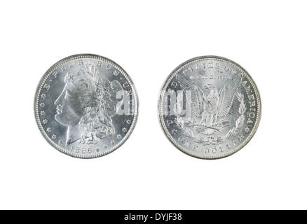 Photo Gros plan d'un deux dollars en argent Morgan, avers et revers, isolated on white Banque D'Images