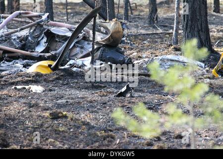 Jamijarvi. Apr 21, 2014. La tête de l'hélice et d'un avion écrasé est vu dans les bois près de l'aéroport Jamijarvi dans le sud de la Finlande, le 21 avril 2014. Un petit avion transportant 10 passagers s'est écrasé le parachuters dimanche dans la région de Satakunta, sud-ouest de la Finlande, à l'origine huit morts. Le pilote et deux parachutistes ont survécu en éjectant de l'avion avant qu'il s'est écrasé, et huit autres ont été retrouvés morts autour de l'épave. Crédit : Li Jizhi/Xinhua/Alamy Live News Banque D'Images