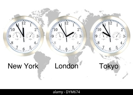 Les fuseaux horaires du monde. Temps à Londres, New York et Tokyo, trois horloges contre gray carte du monde. Banque D'Images