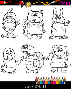 Livre de coloriage ou une série d'Illustration Cartoon Page noir et blanc animaux mignons personnages animaux pour les enfants Banque D'Images