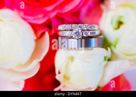 Les anneaux de mariage placé sur les fleurs et photographié avec un objectif macro Banque D'Images