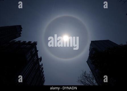 Nanjing, Jiangsu Province de la Chine. Apr 23, 2014. Un halo solaire se produit dans le ciel, à Nanjing, capitale de la province de Jiangsu, Chine orientale, le 23 avril 2014. Credit : Soleil peut/Xinhua/Alamy Live News Banque D'Images