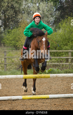 Un cheval et cavalier sautant une clôture au cours d'une leçon d'équitation Banque D'Images