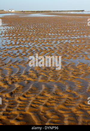 Lumière du soir sur le sable de plage Walberswick ondulations, baie unique, Suffolk, UK. Afficher le nord en direction de Southwold. Banque D'Images