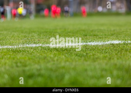 Close-up de ligne blanche sur le vert gazon de football. Banque D'Images