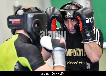 Allemagne, Kienbaum. Apr 23, 2014. Champion du Monde WBO Arthur Abraham (R) boîtes durant la session de formation de presse au Centre National d'entraînement en Allemagne, Kienbaum, 23 avril 2014. Il se battra Monténégro Sjekloca pour défendre son titre WBO super poids moyens à Berlin le 03 mai 2014. Photo : PATRICK PLEUL/dpa/Alamy Live News Banque D'Images