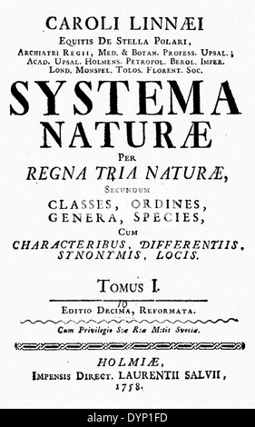 CARL Von Linné (1707-1778), botaniste suédois. Page de titre de l'élargissement du dixième édition de son Systema Naturae publié en 1758 Banque D'Images