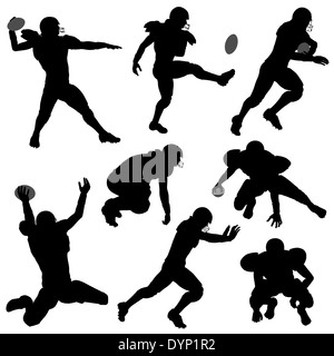 Jeu de silhouettes de joueurs de football américain dans diverses poses avec la balle, isolé sur fond blanc Banque D'Images