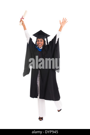 Indian female graduate avec fond blanc Banque D'Images