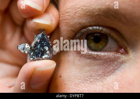 Hong Kong, Chine. Apr 24, 2014. Un employé de Christie's montre un diamant bleu, d'un poids de 13,22 carats, chez Christie's à Hong Kong, Chine du sud, le 24 avril 2014. Le diamond, estimée à 21 millions de dollars à 25 millions de dollars américains, sera mise aux enchères à Genève en mai 14. Credit : Lui Siu Wai/Xinhua/Alamy Live News Banque D'Images