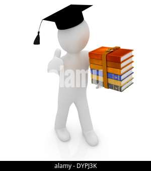 3d'homme blanc à une casquette rouge avec thumb up et livres utiles - meilleur cadeau un étudiant sur un fond blanc Banque D'Images