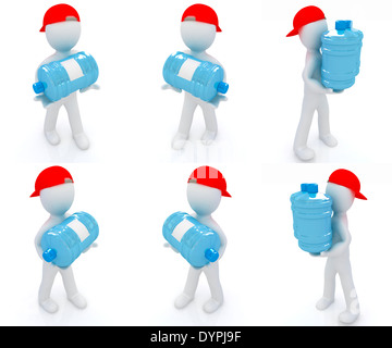 Set de 3d homme portant une bouteille d'eau avec de l'eau bleu sur fond blanc Banque D'Images