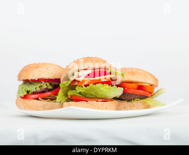 Gros hamburgers faits maison déposer sur plaque blanche. Studio photo gros plan Banque D'Images