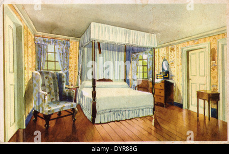 Années 1930 vintage postcard du Général George Washington's bed chambre où il est mort à Mount Vernon, en Virginie, Kathy DEWITT Banque D'Images