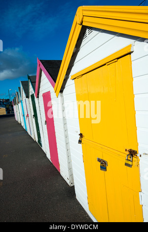 Une ligne de cabines colorées à Paignton, Devon, Angleterre Royaume-uni Banque D'Images