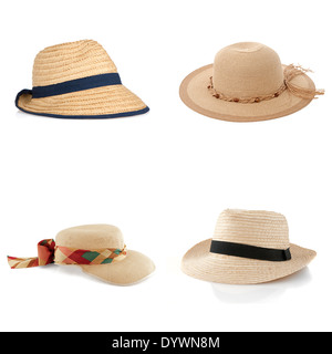 Ensemble de quatre chapeaux de paille isolé sur fond blanc. Banque D'Images