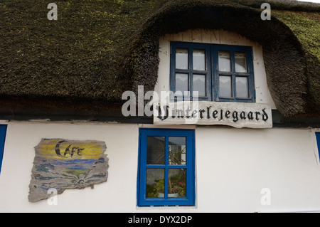 Toit de chaume cafe situé dans un paysage de dunes sur l'isthme Holmsland Klit. West Jutland. Danemark Banque D'Images