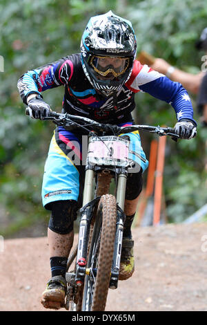 Cairns, Australie. Apr 26, 2014. Cinquième place Hutchinson UR rider Tracey Hannah de l'Australie pendant la course de descente de l'élite des femmes à la Coupe du Monde de vélo de montagne UCI dans la forêt tropicale, Smithfield Cairns. Credit : Action Plus Sport/Alamy Live News Banque D'Images