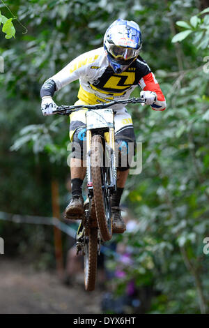 Cairns, Australie. Apr 26, 2014. Gagnant GT Factory Racing rider Gee Atherton de Grande-Bretagne pendant la course de descente de l'élite mens à la Coupe du Monde de vélo de montagne UCI dans la forêt tropicale, Smithfield Cairns. Credit : Action Plus Sport/Alamy Live News Banque D'Images