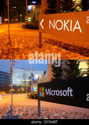 Espoo. Apr 26, 2014. La photo montre que le logo de Nokia (en haut, prise le 8 septembre, 2013), installé dans l'ancien siège de Nokia à Espoo, Finlande, a été remplacé par le logo de Microsoft (en bas, prises le 26 avril 2014). Nokia a annoncé vendredi qu'elle avait presque terminé la vente de ses appareils et services départements à Microsoft. Crédit : Li Jizhi/Xinhua/Alamy Live News Banque D'Images
