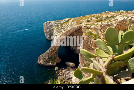 Vue de la Grotte Bleue (Taht il-Hnejja, en maltais) près de Wied iż-Żurrieq dans le village de Qrendi, Malte. Banque D'Images