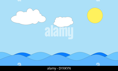 Cartoon paysage avec soleil, ciel et mer Banque D'Images