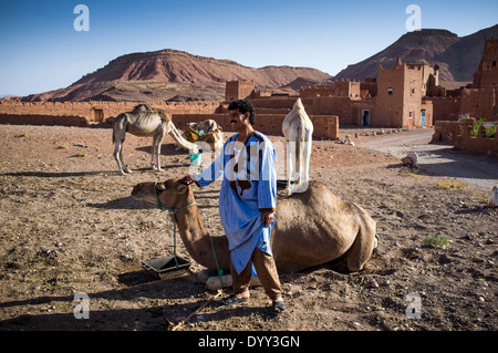 Un homme marocain et son chameau en face d'un petit village dans les montagnes de l'Atlas de la région centre du Maroc Banque D'Images