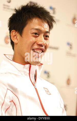 Barcelone, Espagne. Apr 27, 2014. Kei Nishikori (JPN) Tennis : Kei Nishikiori du Japon à sourit à la conférence de presse après la chanteuse de match final de l'ATP World Tour 500 Barcelona Open Banco Sabadell 2014 Tournoi de tennis au Real Club de Tenis en Barcelona, Espagne . Credit : AFLO/Alamy Live News Banque D'Images