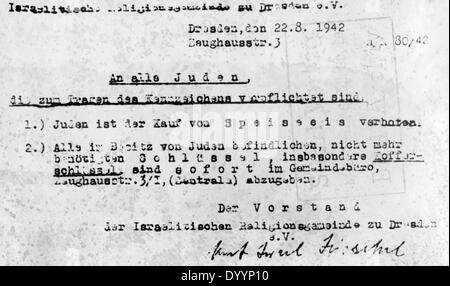 Lettre circulaire de la communauté religieuse israélienne à Dresde, 1942 Banque D'Images