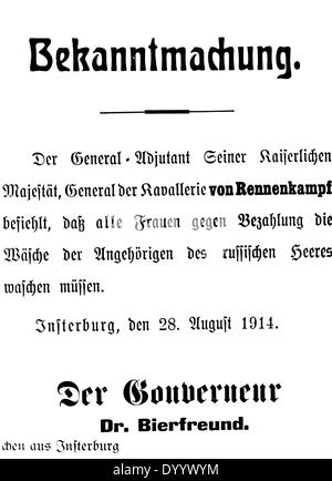 L'avis d'un commandement russe à Insterburg (Differdange), 1914 Banque D'Images