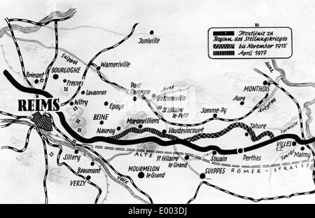 Carte avec la ligne de front de la bataille de l'Aisne et la Champagne, 1917 Banque D'Images