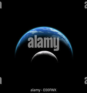 L'inscription d'un artiste d'une grande planète couverte par des océans d'une épaisse atmosphère. C'est lune compagnon près des orbites. Banque D'Images