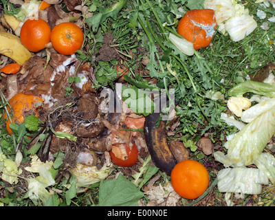 Les déchets de la cuisine et du jardin sur un tas de compost de gauche à se décomposer. Banque D'Images