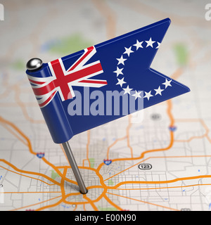 Petit drapeau des Îles Cook sur une carte de fond avec focus sélectif. Banque D'Images