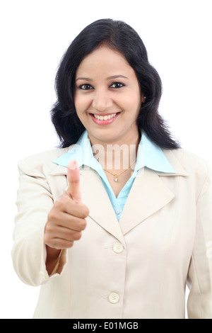 Young businesswoman showing Thumbs up isolés contre fond blanc Banque D'Images