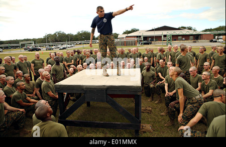 Instructeur de l'US Marine percer hurle instructions pour les recrues pour le parcours au cours de boot camp, le 6 novembre 2013 à Parris Island, Caroline du Sud. Banque D'Images