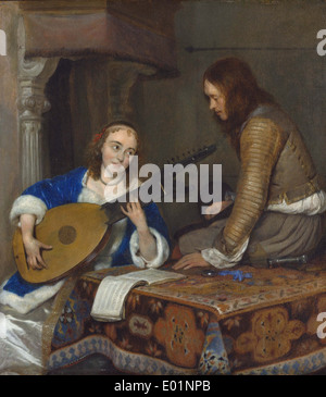 Gerard Ter Borch une femme jouant de l'Theorbo-Lute et un cavalier Banque D'Images