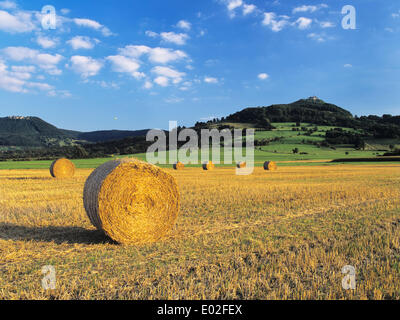 Champ avec des bottes de paille récoltée, Burg Teck Château à l'arrière, près de Kirchheim, Jura souabe, Bade-Wurtemberg, Allemagne Banque D'Images