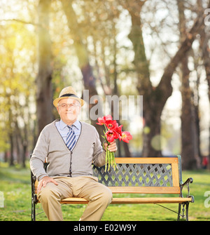 Senior man posing in park avec tulipes rouges assis sur un banc Banque D'Images