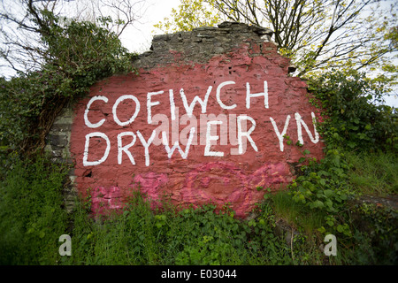 Cofiwch iconique Welsh graffito 'Dryweryn Tryweryn' [Rappelez-vous] sur le pignon d'un chalet près de ruine Aberystwyth. (27 avril 2014) Banque D'Images