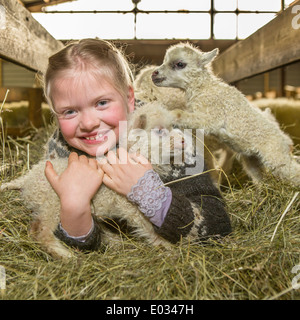 Jeune fille avec les agneaux nouveau-nés sur la ferme familiale, dans l'ouest de l'Islande Banque D'Images