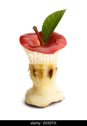 Mangé Apple Core avec Isolatd Feuille verte sur fond blanc. Banque D'Images