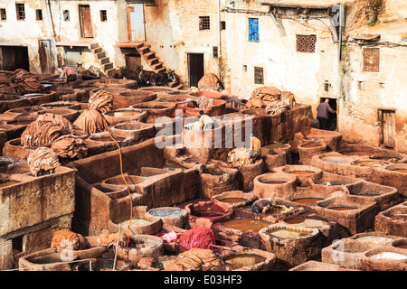 Tannerie à Fez, Maroc Banque D'Images