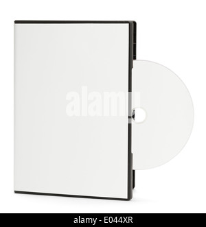 Boîtier DVD blanc vierge avec disque vierge qui sort isolé sur fond blanc. Banque D'Images