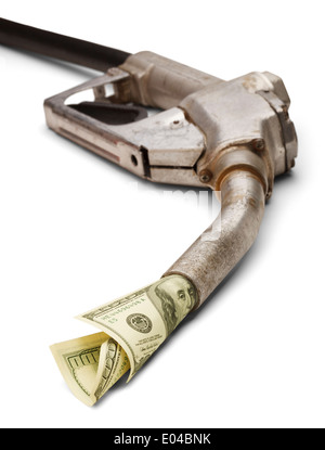 La pompe à gaz avec de l'argent en venant hors de lui isolé sur fond blanc. Banque D'Images