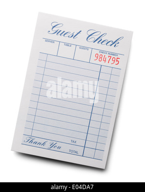 Restaurant bleu et blanc Réception Vérifier isolé sur un fond blanc. Banque D'Images