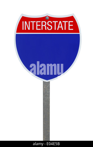 Bleu Blanc Interstate Highway Sign isolé sur fond blanc. Banque D'Images