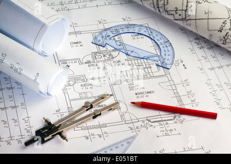 Plan d'architecte pour une maison d'habitation. Les dessins et les plans d'un architecte Banque D'Images