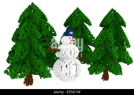 Illustration de Noël avec un bonhomme de neige et d'arbres de Noël isolé sur fond blanc (version pixélisé) Banque D'Images